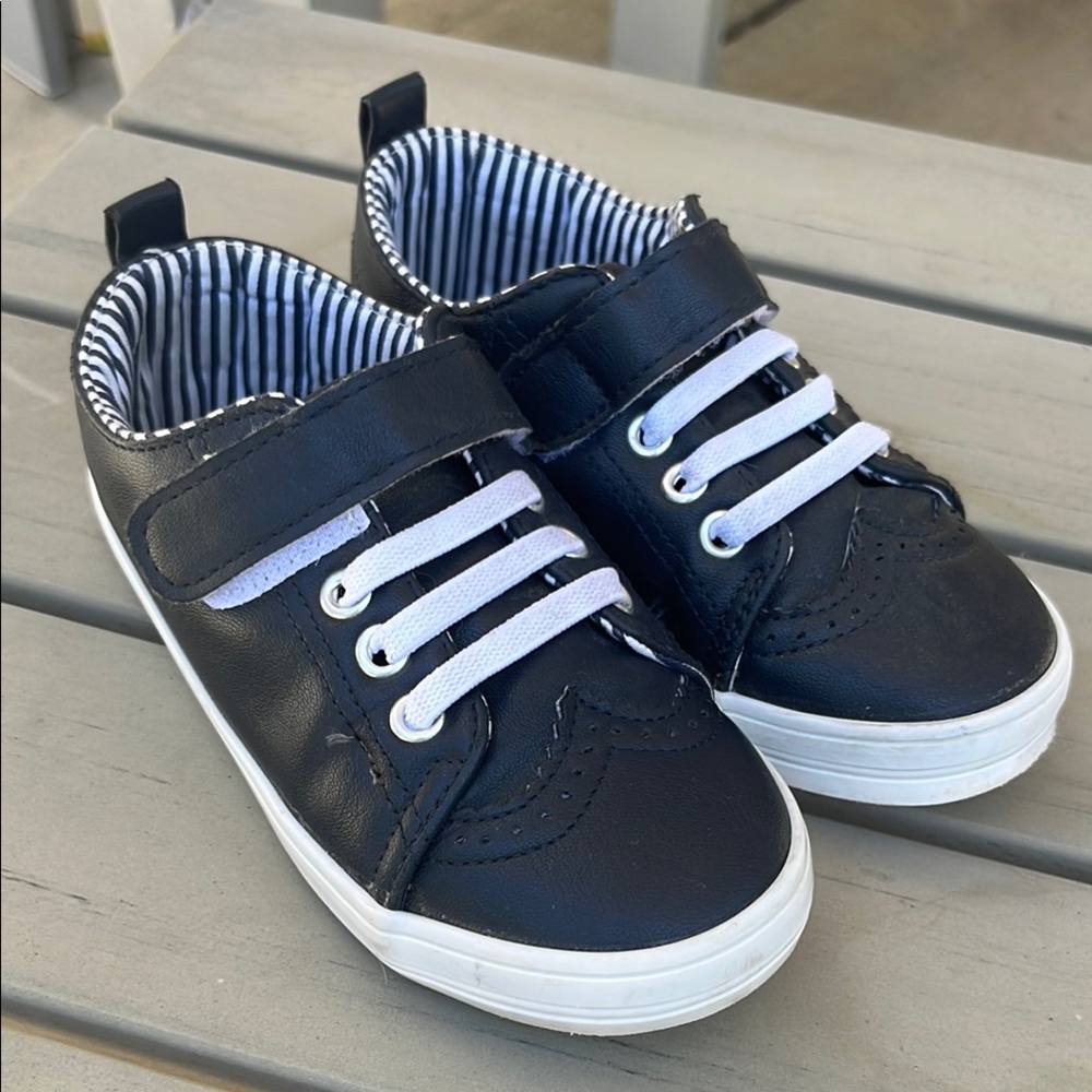 Kids Navy Blue Sneakers with Elastic “no tie” Laces and Velcro Strap